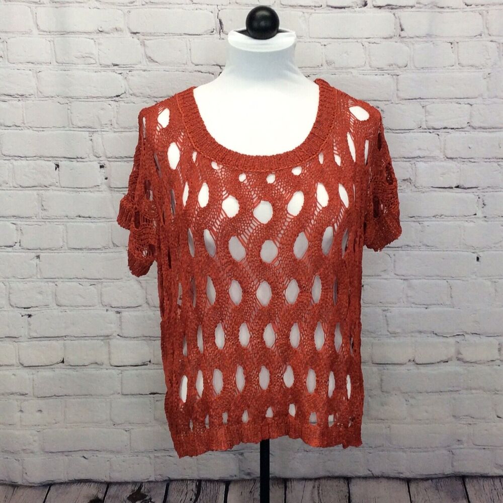 36 Point 5 Crochet Top Women's M Burnt Orange See Through Pullover Beachy Boho